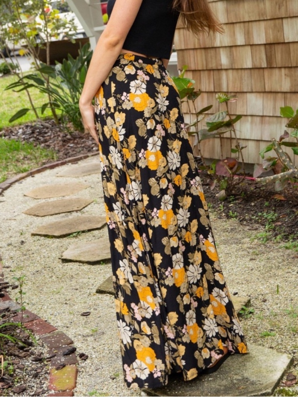 Natural Life Floral Maxi Skirt with side slit in Black and Mustard - Picture 2 of 6